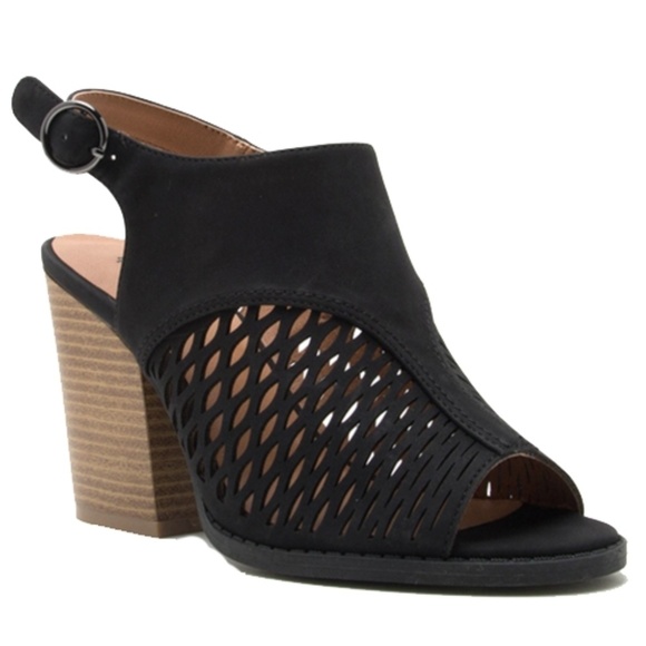 Black Perforated Slingback Chunky Heels - Picture 3 of 3